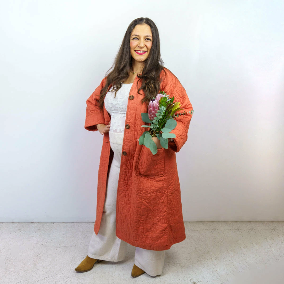Peking Hamsa Quilted Coat In Coral By Jungalow®